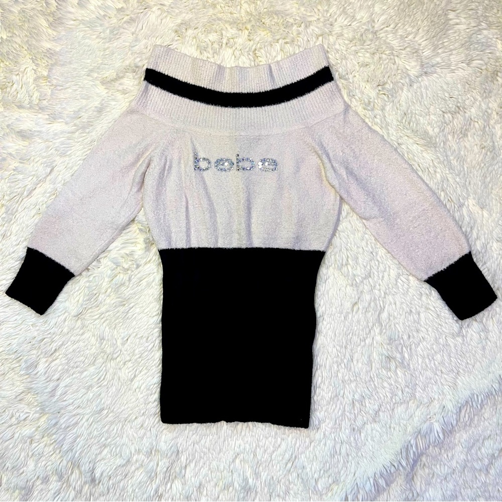 Bebe White & Black Fuzzy Knit Off Shoulder 3/4 Sleeve Top